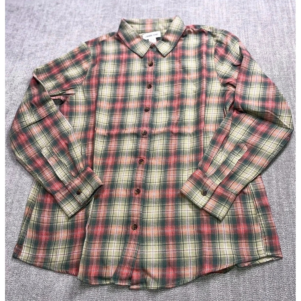Lands End Shirt Womens MP 10-12 Olive Multi Plaid Sunwashed Button Up 519655